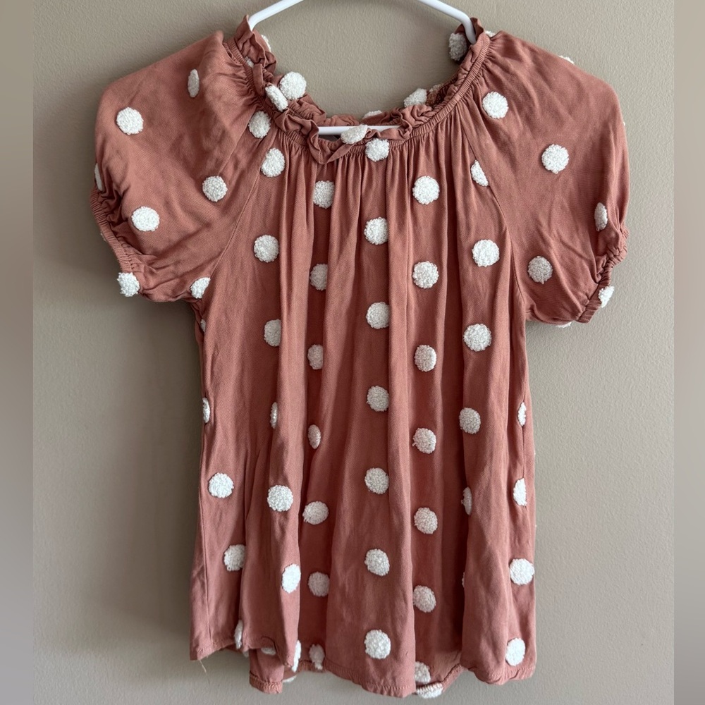 MINE Kids Fall Short Puff Sleeve Brown/Pink Shirt with White Fuzzy Polka Dots